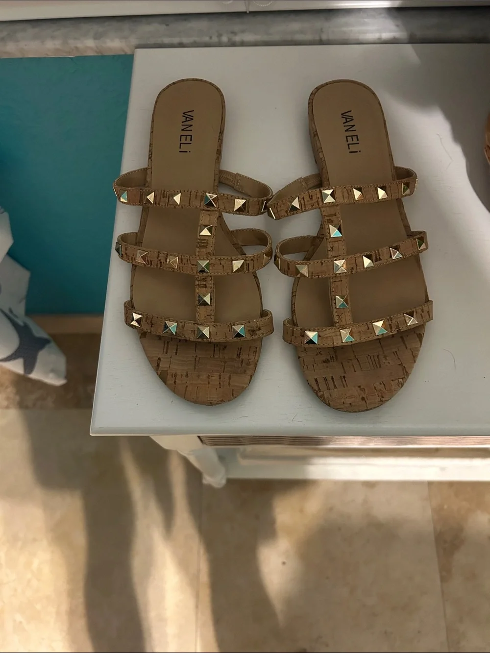 Vaneli Tan Cork Slide Sandals with Gold Pyramid Studs